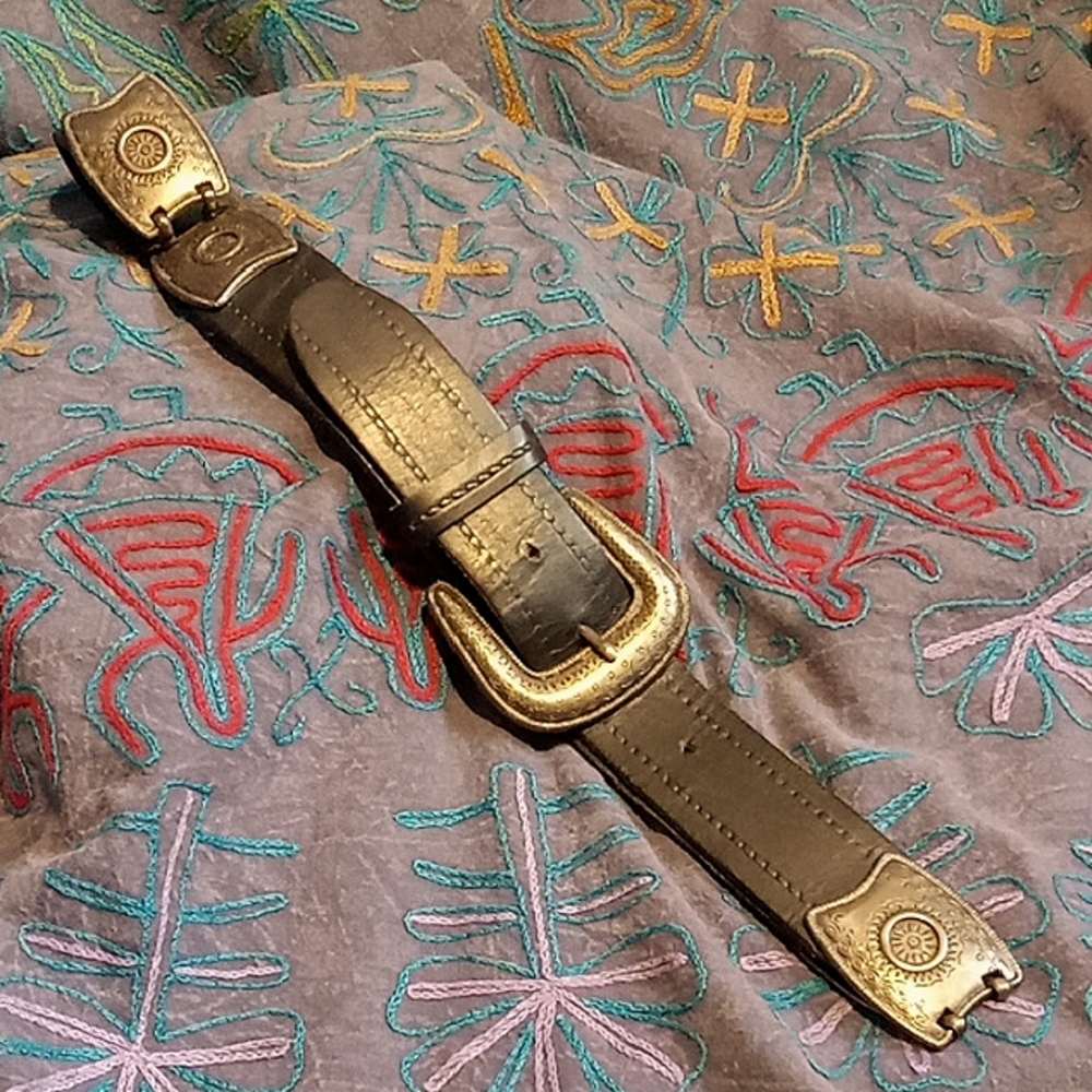 Black Leather Belt with Hammered Silver Design